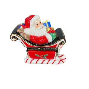 Department 56 Ceramic Trinket Box Hinged Santa Claus Candycane Sleigh Presents
